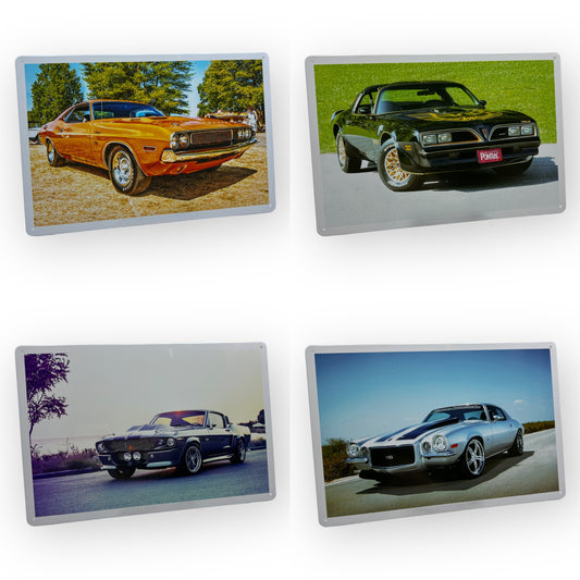 1970' 美國肌肉車鐵皮畫金屬海報4合1 Camaro Challenger Mustang Firebird 汽車牆壁裝飾藝術圖片禮品20*30公分